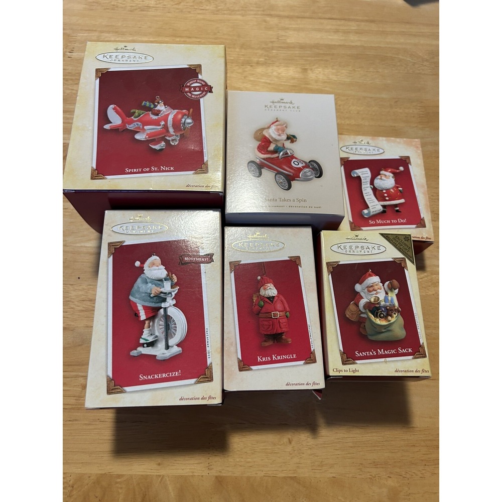 Hallmark Keepsake Lot Of 6 Santa Ornaments Airplane Car Workout To Do List